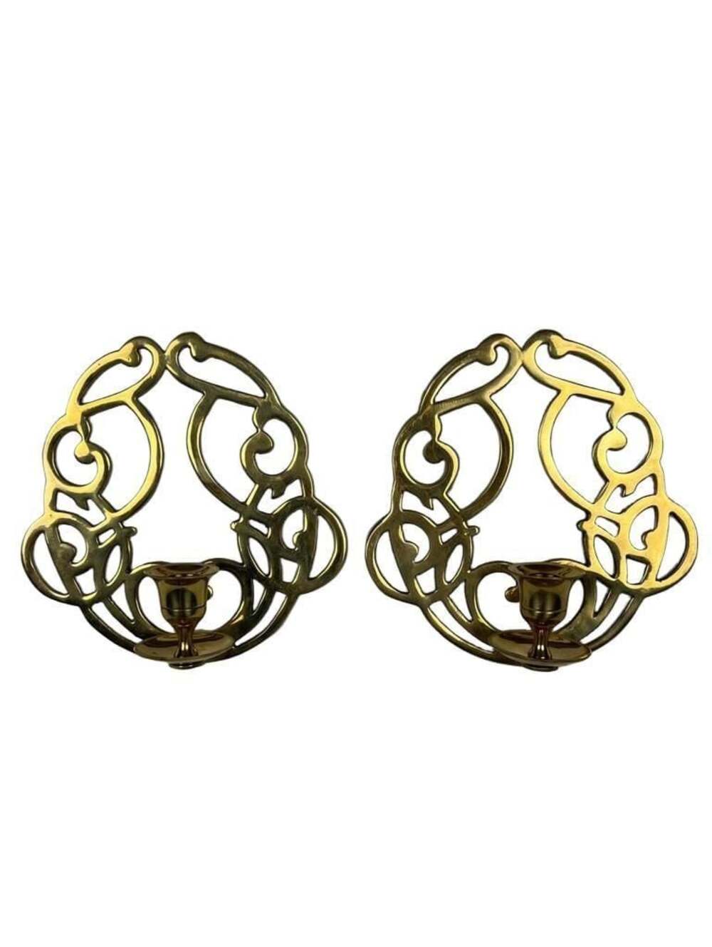 Vintage Pair of Art Nouveau Style Solid Brass Pierced Wall Sconces CandleHolders